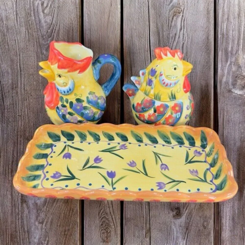 Fontana‎ Dario Farrucci Collection Set Rooster Sugar Bowl Creamer And Tray Set